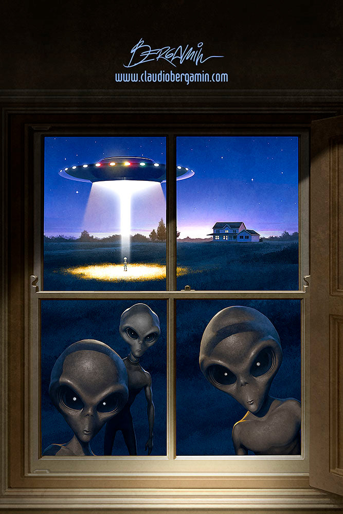 Alien Encounters 1 - Greys at the Window, Signed Art Prints